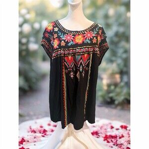 Savanna Jane Tunic Dress Womens 1XL Black Embroidered Boho Floral Short